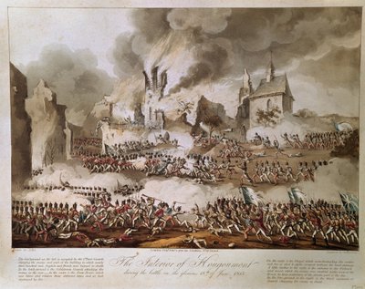 Das Innere von Hougoumont während der Schlacht am glorreichen 18. Juni 1815, graviert von T. Sutherland, veröffentlicht 1816 (Aquatinta) von English School