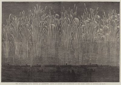 Das internationale Marinefest in Portsmouth, Raketenflug und Beleuchtung der alliierten Flotten bei Spithead (Gravur) von English School
