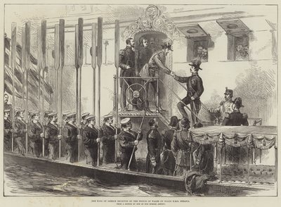 Der König von Griechenland wird vom Prinzen von Wales an Bord der HMS Serapis empfangen (Stich) von English School