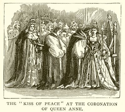 Der Friedenskuss bei der Krönung von Königin Anne von English School