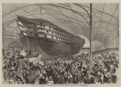 Der Stapellauf der Marlborough in Portsmouth am 31. Juli, der Meisterschiffbauer überreicht Ihrer Majestät die Flasche von English School