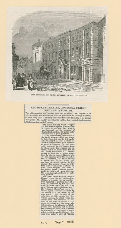 Das Lincolns Inn Fields Theatre in der Portugal Street von English School