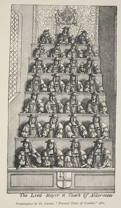 Der Lord Mayor und der Hof der Aldermen, Frontispiz aus De Launes Angliae Metropolis, 1681 von English School