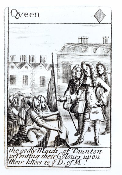 Die Mägde von Taunton knien vor dem Herzog von Monmouth, 18. Juni 1685, Karo-Dame Spielkarte aus einem Set zur Erinnerung an Monmouths Rebellion von English School