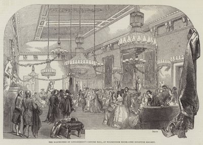 Kostümball der Marquise von Londonderry im Holdernesse House, die Skulpturengalerie (Stich) von English School