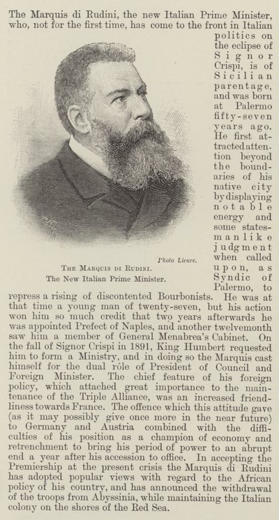 Der Marquis di Rudini, der neue italienische Premierminister (Stich) von English School