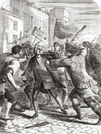 Die "No-Popery"-Randalierer greifen Mitglieder des Parlaments im Palace Yard, Westminster, London, England während der Gordon Riots von 1780 an. von English School