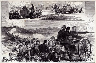 Die Nordenfeldt-Kanonen in Aldershott, aus der Illustrated London News, September 1885 von English School
