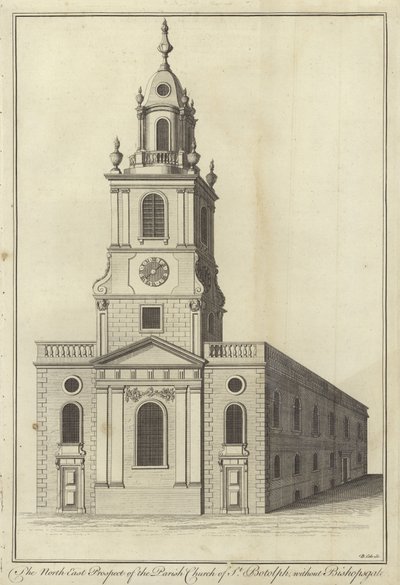 Die Nordostansicht der Pfarrkirche St. Botolph ohne Bishopsgate, London von English School