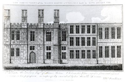 Die Nordfront des Herrenhauses in Chelsea, erbaut von König Heinrich VIII., graviert von J. Barlow, eine Illustration in A Historical and Topographical Account of Chelsea and its Environs von Thomas Faulkner von English School