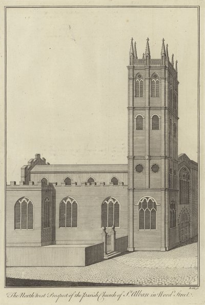 Die Nordwestansicht der Pfarrkirche St. Alban in Wood Street, London von English School