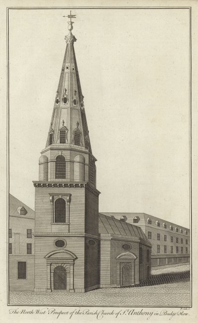 Die Nordwestansicht der Pfarrkirche St. Anthony in Budge Row, London von English School