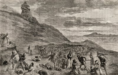 Die Verfolgung und das Massaker an den Christen auf der Insel Madagaskar im Jahr 1849 (Holzstich) von English School