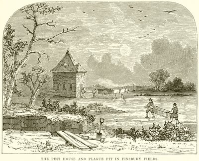 Das Pesthaus und die Pestgrube in Finsbury Fields von English School