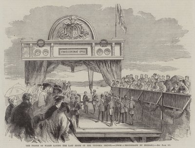 Der Prinz von Wales legt den letzten Stein der Victoria-Brücke (Gravur) von English School
