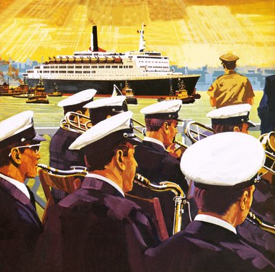 Die QE2 kommt im Hafen von New York auf der Insel Manhattan an von English School