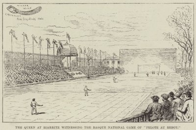 Die Königin in Biarritz, die das baskische Nationalspiel "Pelote au Rebot" beobachtet (Stich) von English School