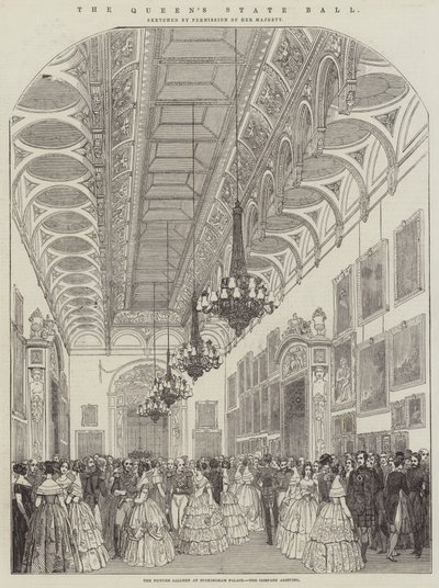 Der Staatsball der Königin, die Bildergalerie im Buckingham Palace, die ankommenden Gäste (Stich) von English School