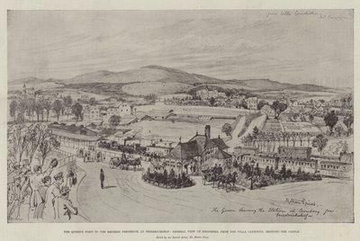 Der Besuch der Königin bei der Kaiserin Friedrich in Friedrichshof, Gesamtansicht von Kronberg, von der Villa Candidus aus, mit Blick auf das Schloss von English School