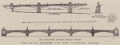 Die rivalisierenden Entwürfe für die neue Vauxhall-Brücke (Gravur) von English School