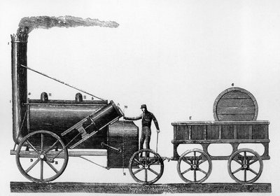 Die Rocket, Dampflokomotive entworfen und gebaut von George und Robert Stephenson im Jahr 1829 für die Liverpool-Manchester-Eisenbahn (Stich) von English School