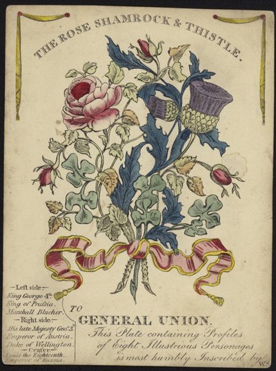 Die Rose, Shamrock und Distel zur allgemeinen Union (Farbstich) von English School