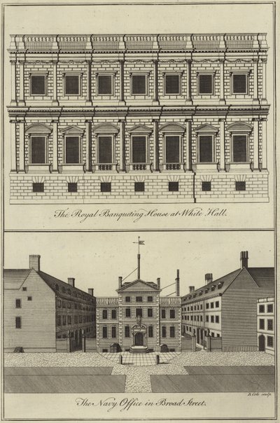 Das königliche Banketthaus in Whitehall und das Marineamt in Broad Street, London von English School