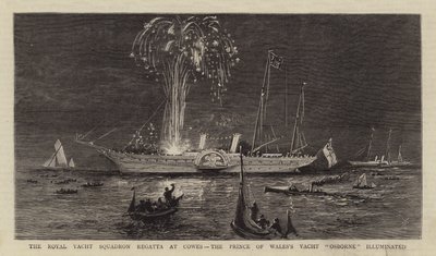 Die Regatta des Royal Yacht Squadron in Cowes, die Yacht "Osborne" des Prinzen von Wales beleuchtet von English School