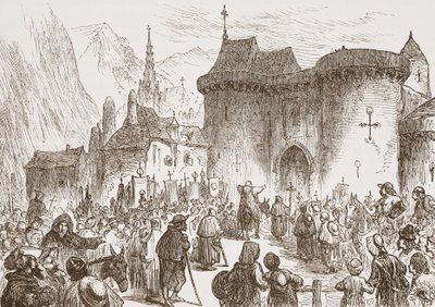 Die falschen Pilger am Tor von Genf, Illustration aus Die Geschichte des Protestantismus von James Aitken Wylie, veröffentlicht 1878 von English School