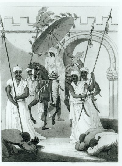 Der Sultan von Marokko kommt heraus, um Audienz zu geben, aus Travels through France and Spain to Morocco von Maurice Keatinge, veröffentlicht 1817 von English School