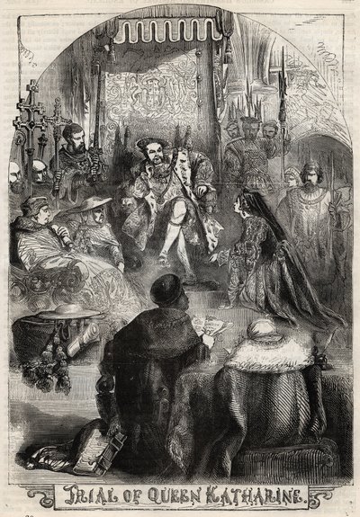 Der Prozess von Königin Katharina von Aragon im Jahr 1529, die erste Frau von Heinrich VIII., deren Ehe mit dem König annulliert wurde - Gravur aus „Geschichte Englands“ von Cassell Petter & Galpin von English School