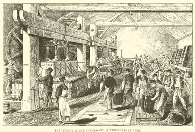 Die Weinlese in der Champagne: Eine Weinpresse bei der Arbeit (Stich) von English School