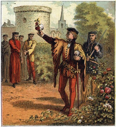 Die Rosenkriege (1455-1485): der Beginn des Konflikts. Ein Lord des königlichen Hauses York pflückt eine weiße Rose und ein anderer des königlichen Hauses Lancaster pflückt eine rote Rose. Illustration des englischen Bürgerkriegs, der durch die Teilung der von English School
