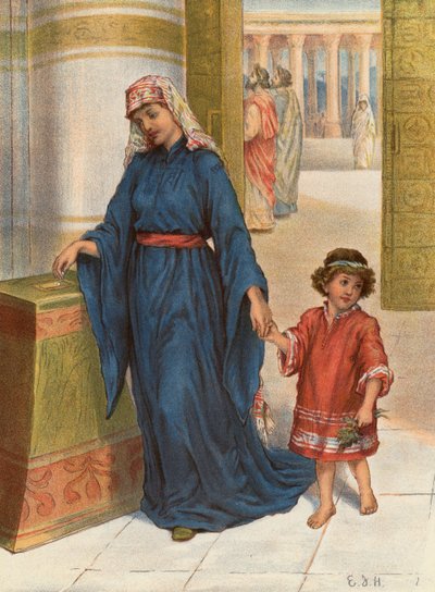 Das Scherflein der Witwe, Markus XII, 42 von English School