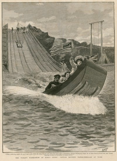 Die Worlds Water Show in Earls Court, London; Captain Boytons Wasserrodelbahn in Aktion von English School