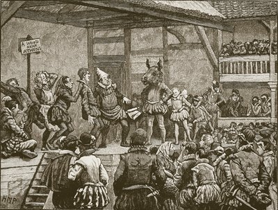 Aufführung eines Stücks von Shakespeare zur Zeit von Königin Elisabeth, Illustration aus Cassells Illustrierter Geschichte Englands von English School