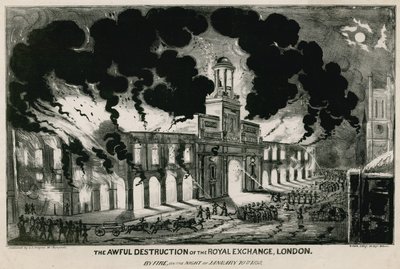 Die schreckliche Zerstörung der Royal Exchange, London, durch Feuer in der Nacht des 10. Januar 1838 von English School