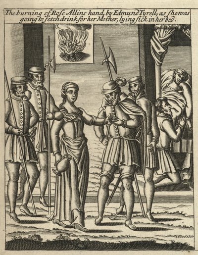 Das Verbrennen von Rose Allins Hand durch Edmund Tyrell (Gravur) von English School