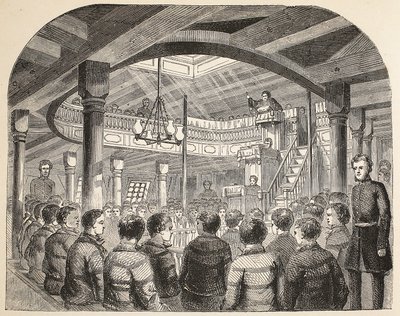 Die Gefängniskapelle an Bord der Defence-Hulk in Woolwich, Illustration aus The Criminal Prisons of London and Scenes from Prison Life von Henry Mayhew und John Binny, veröffentlicht 1862 von English School