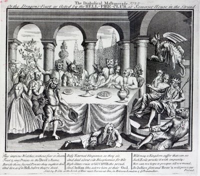 Die teuflische Maskerade oder das Drachenfest, wie es vom Hell-Fire-Club im Somerset House in der Strand, ca. 1721, aufgeführt wurde von English School