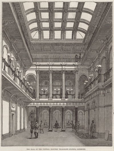 Die Halle der zentralen elektrischen Telegraphenstation, Lothbury von English School