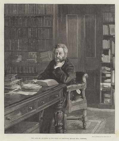 Der verstorbene Mr. Spurgeon in seinem Arbeitszimmer in Westwood, Beulah Hill, Norwood (Gravur) von English School