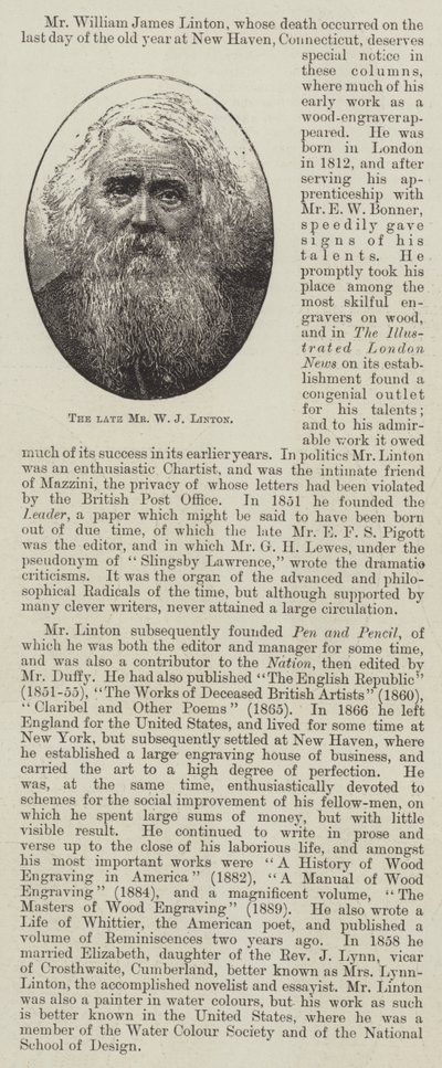 Der verstorbene Mr. W. J. Linton (Stich) von English School