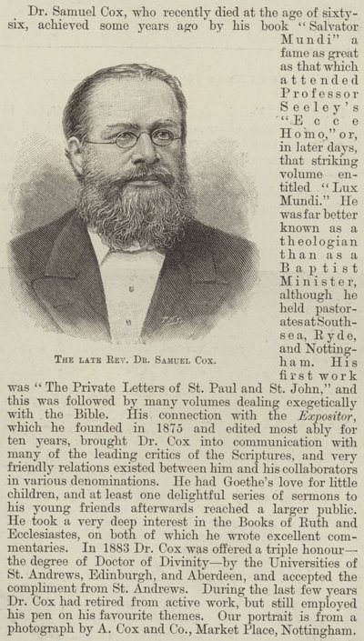 Der verstorbene Reverend Dr Samuel Cox (Gravur) von English School