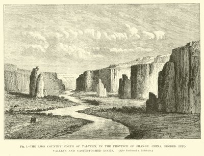 Das Verlustland nördlich von Tai-Yuen, in der Provinz Shan-se, China, erodiert in Täler und burgförmige Felsen von English School