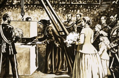 Die Eröffnung der Albert Hall durch die alternde Königin Victoria im Jahr 1871 von English School