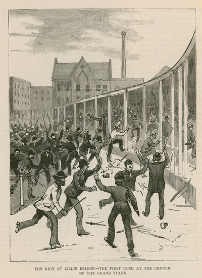 Der Aufruhr in Lillie Bridge, London: Der erste Ansturm an der Ecke der Tribüne von English School