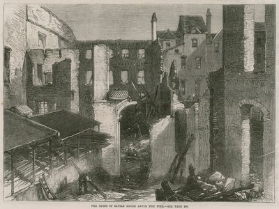 Die Ruinen des Savile House, Leicester Square, London, nach dem Feuer von English School