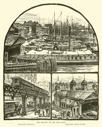 Die Schifffahrt auf dem East River; Hochbahn; Hamilton Fährhaus von English School