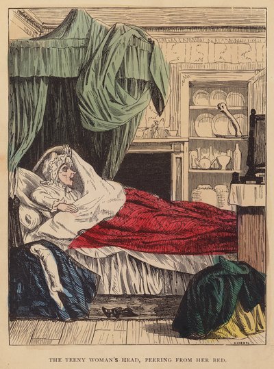 Der Kopf der winzigen Frau, der aus ihrem Bett lugt von English School
